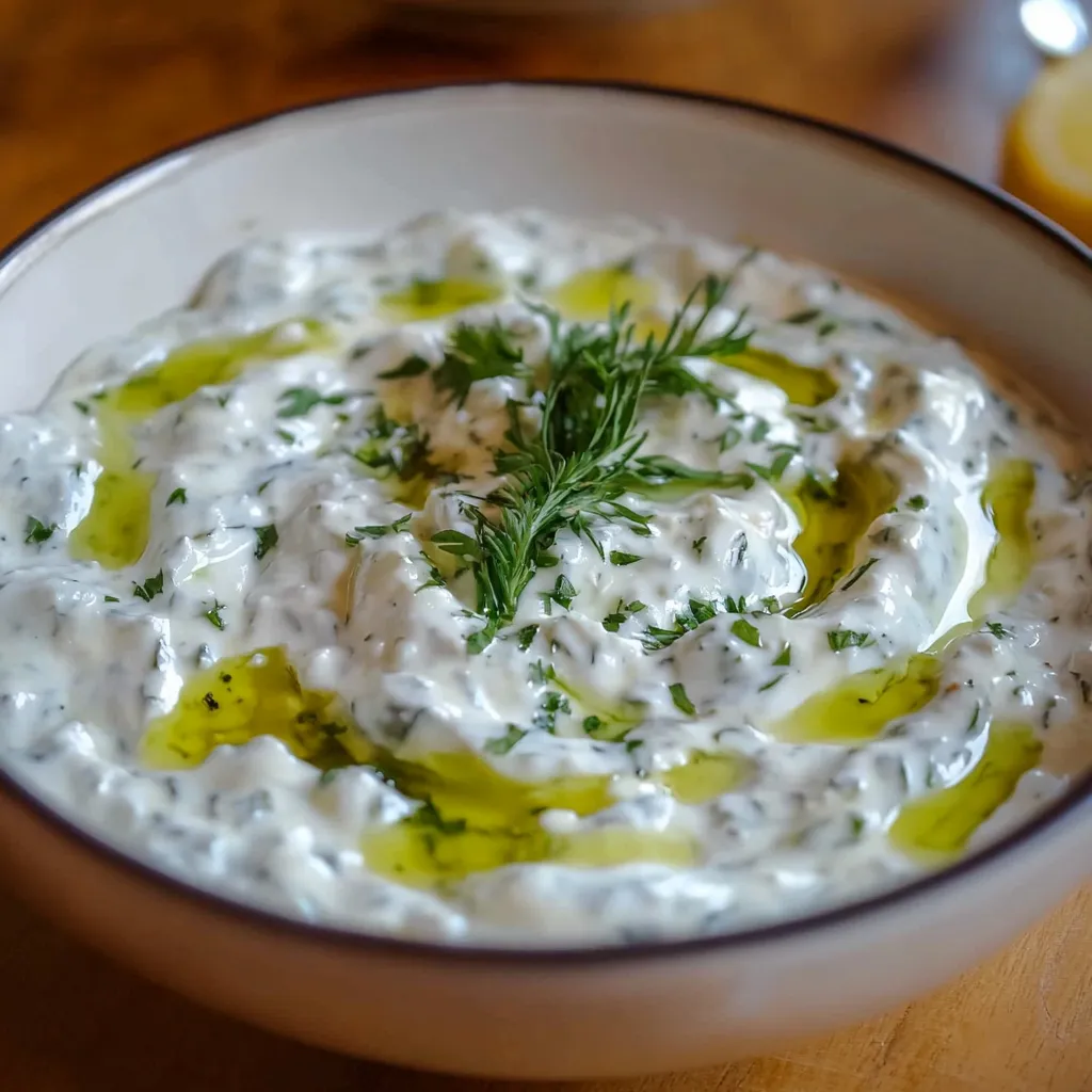 Salsa tzatziki casera en bol blanco con pan de pita y verduras frescas al fondo