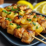 Brochetas de pollo y piña doradas en una parrilla, listas para servir con arroz.