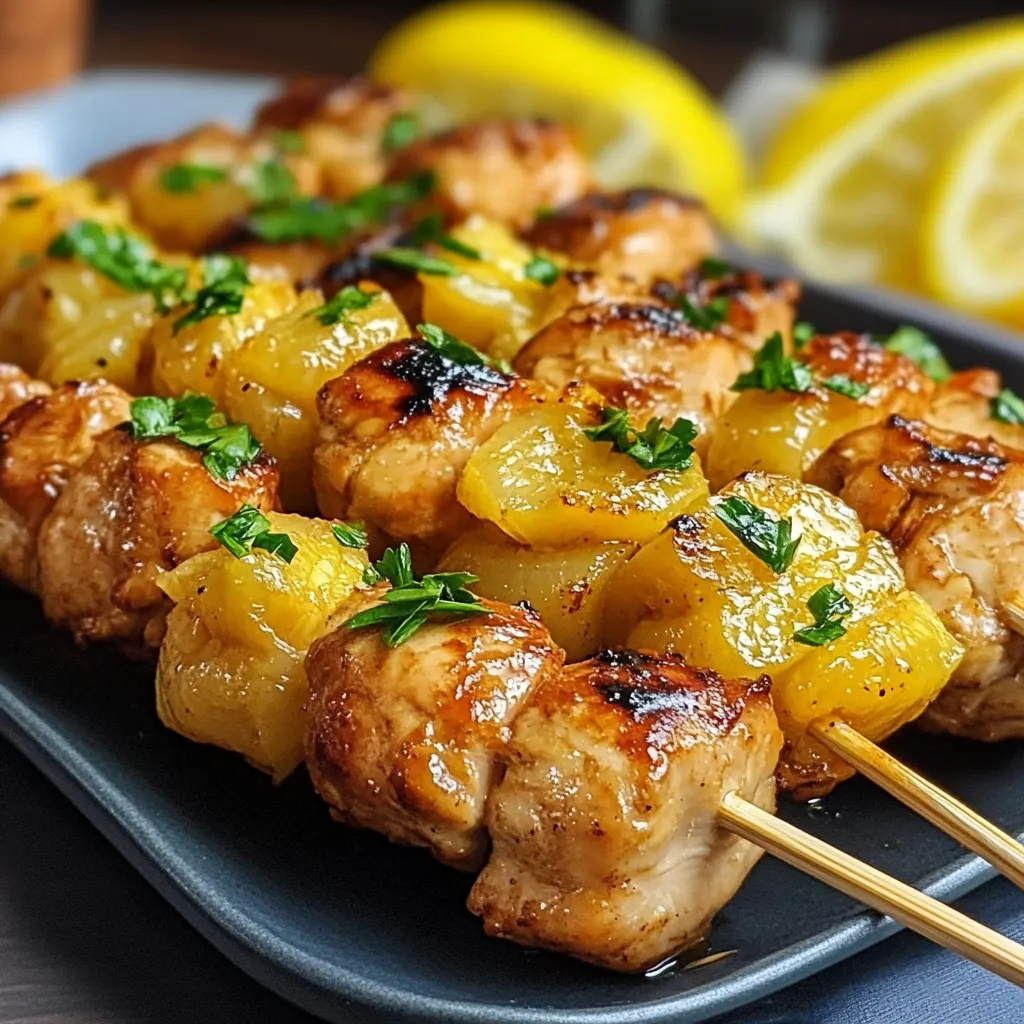 Brochetas de pollo y piña doradas en una parrilla, listas para servir con arroz.