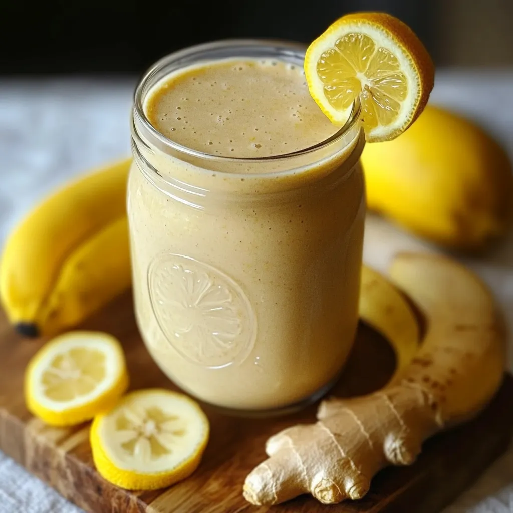 Vaso de batido de plátano, limón y jengibre servido con hielo y decorado con una rodaja de limón.