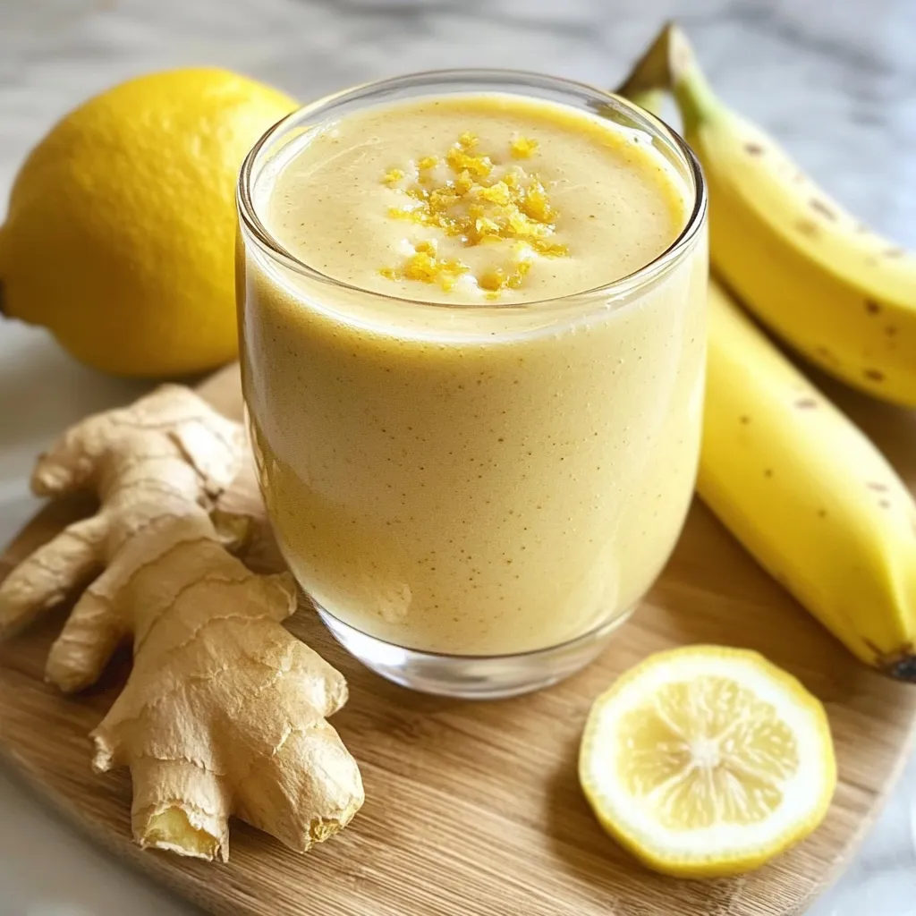 Vaso de batido de plátano, limón y jengibre servido con hielo y decorado con una rodaja de limón.