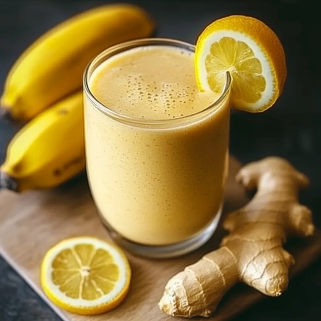 Vaso de batido de plátano, limón y jengibre servido con hielo y decorado con una rodaja de limón.