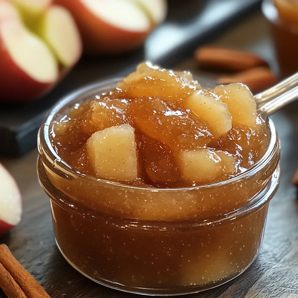 Mermelada de manzana y canela sin azúcar servida en un frasco de vidrio, sobre fondo rústico de cocina.