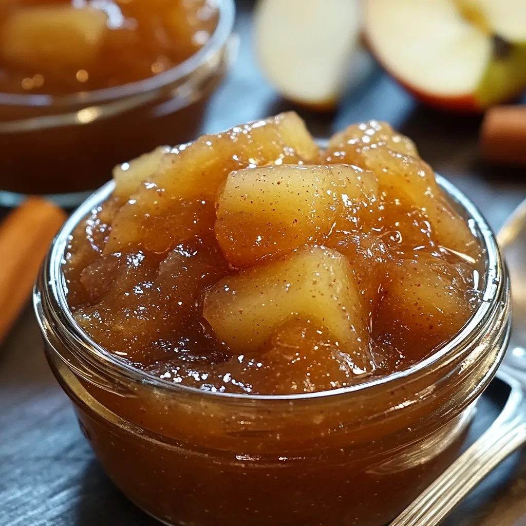 Mermelada de manzana y canela sin azúcar servida en un frasco de vidrio, sobre fondo rústico de cocina.