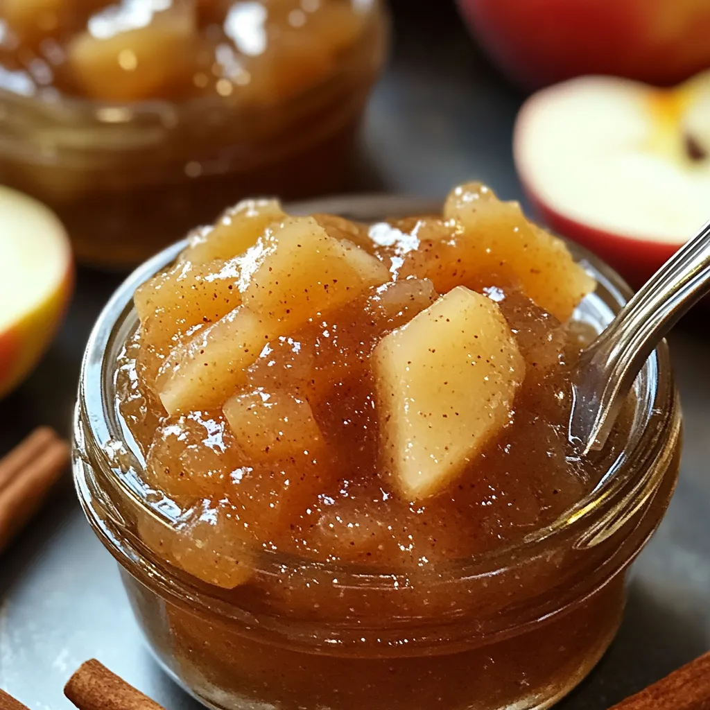 Mermelada de manzana y canela sin azúcar servida en un frasco de vidrio, sobre fondo rústico de cocina.