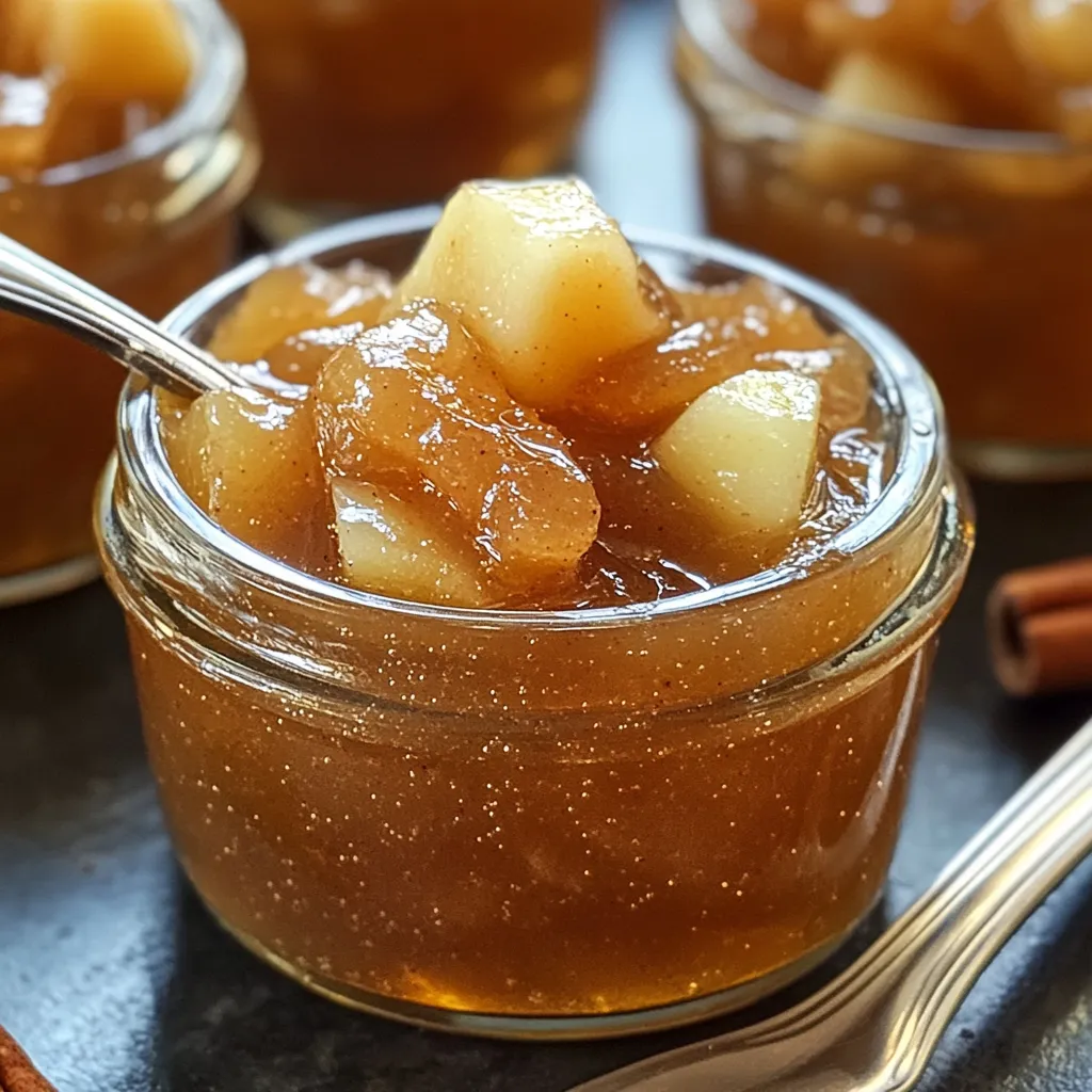 Mermelada de manzana y canela sin azúcar servida en un frasco de vidrio, sobre fondo rústico de cocina.