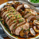 Carne de res al ajo con champiñones servida en sartén, bañada en salsa balsámica con perejil fresco