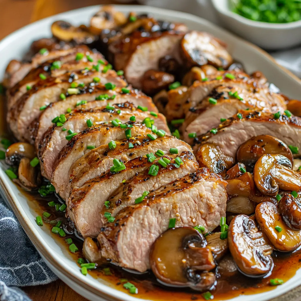 Carne de res al ajo con champiñones servida en sartén, bañada en salsa balsámica con perejil fresco