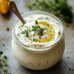 Aderezo de yogur y hierbas frescas en un tazón blanco, con ajo y limón al fondo.