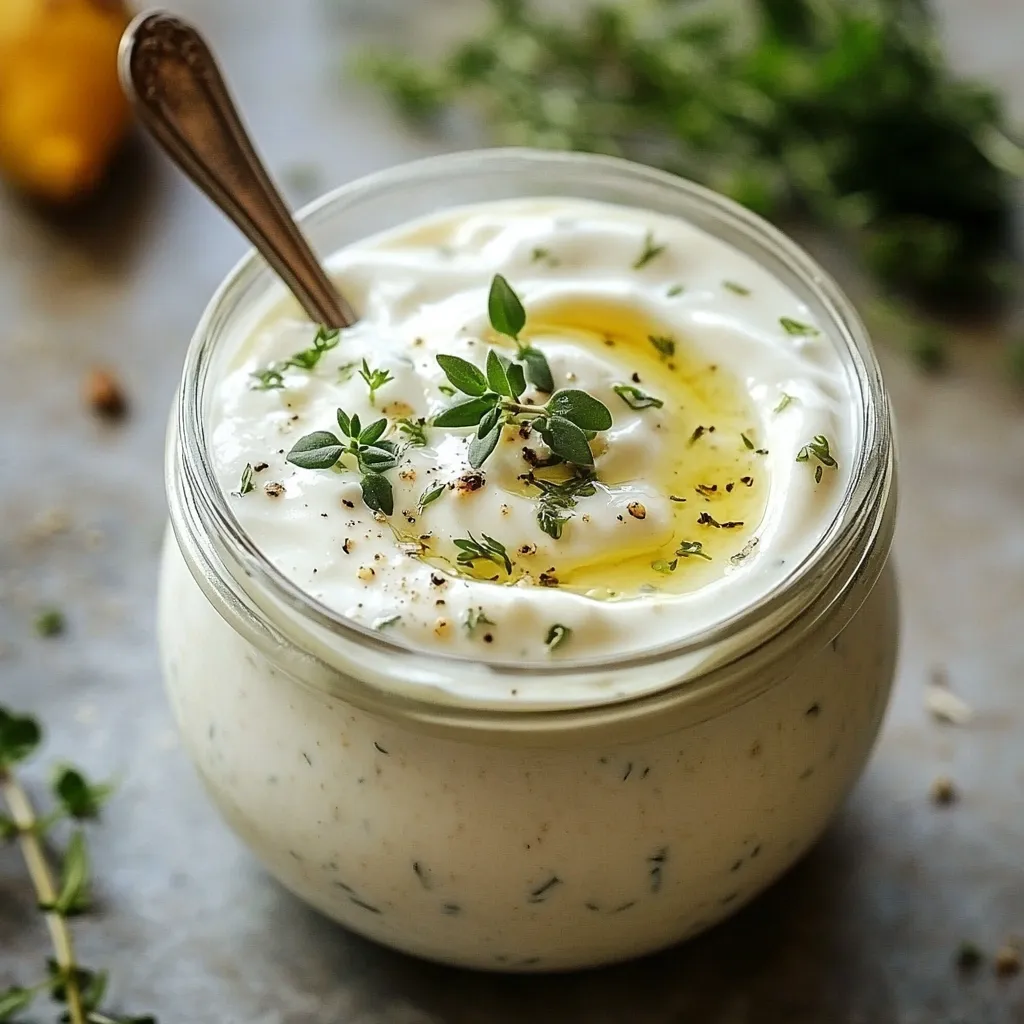 Aderezo de yogur y hierbas frescas en un tazón blanco, con ajo y limón al fondo.