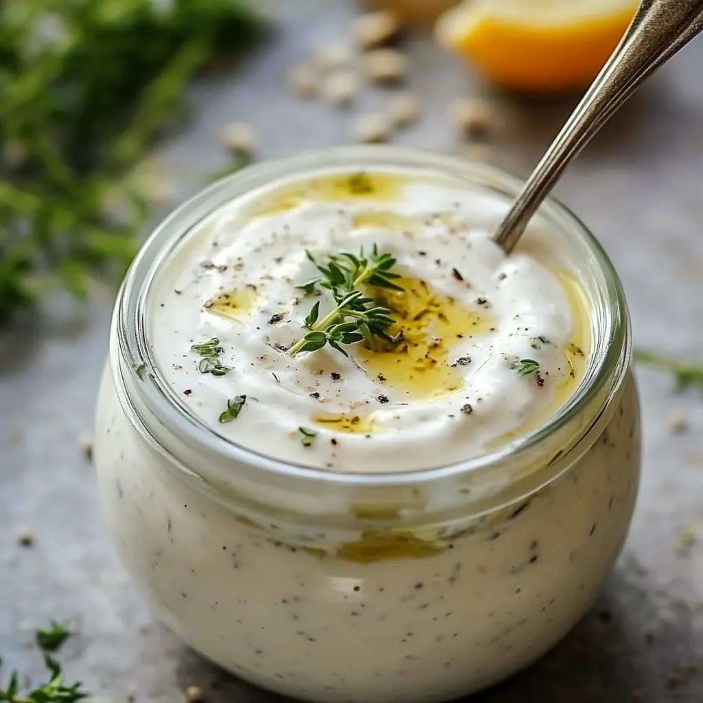 Aderezo de yogur y hierbas frescas en un tazón blanco, con ajo y limón al fondo.