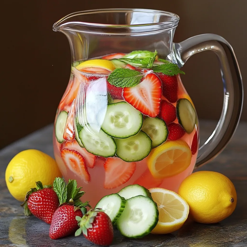 Jarra de agua fresca infusionada con rodajas de fresa, limón, pepino y hojas de menta.