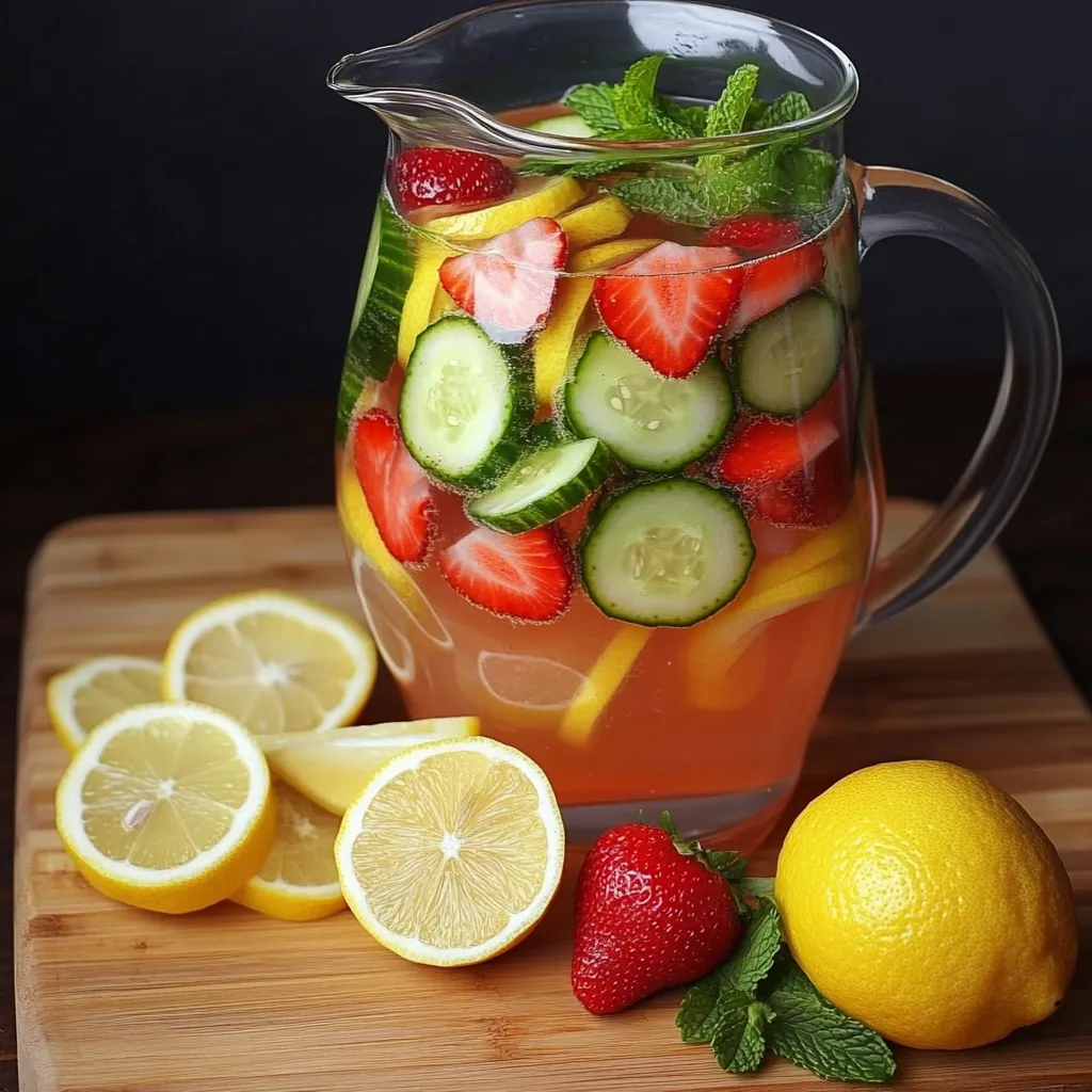 Jarra de agua fresca infusionada con rodajas de fresa, limón, pepino y hojas de menta.