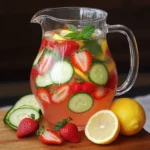 Jarra de agua fresca infusionada con rodajas de fresa, limón, pepino y hojas de menta.