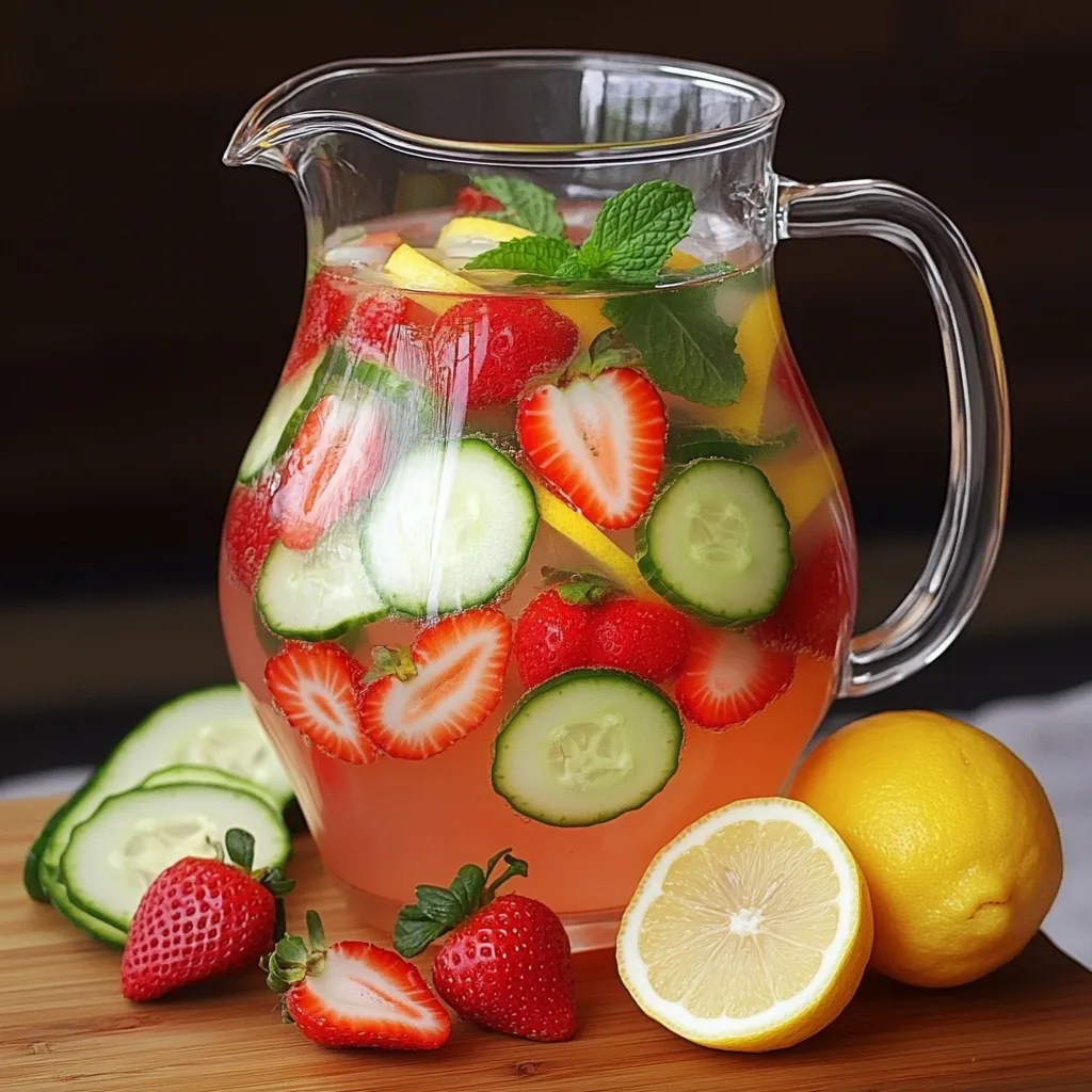 Jarra de agua fresca infusionada con rodajas de fresa, limón, pepino y hojas de menta.