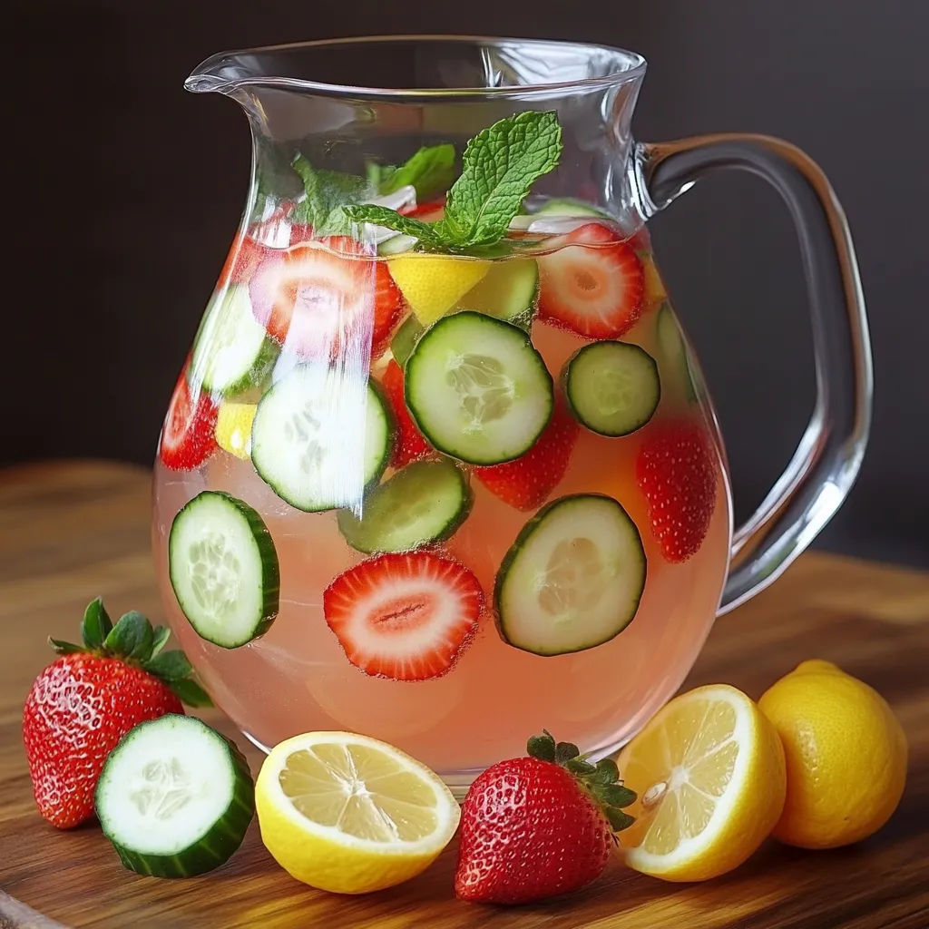 Jarra de agua fresca infusionada con rodajas de fresa, limón, pepino y hojas de menta.