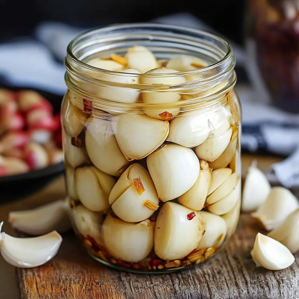 Frasco de vidrio con dientes de ajo escabechados en vinagre con especias, sobre una mesa rústica.