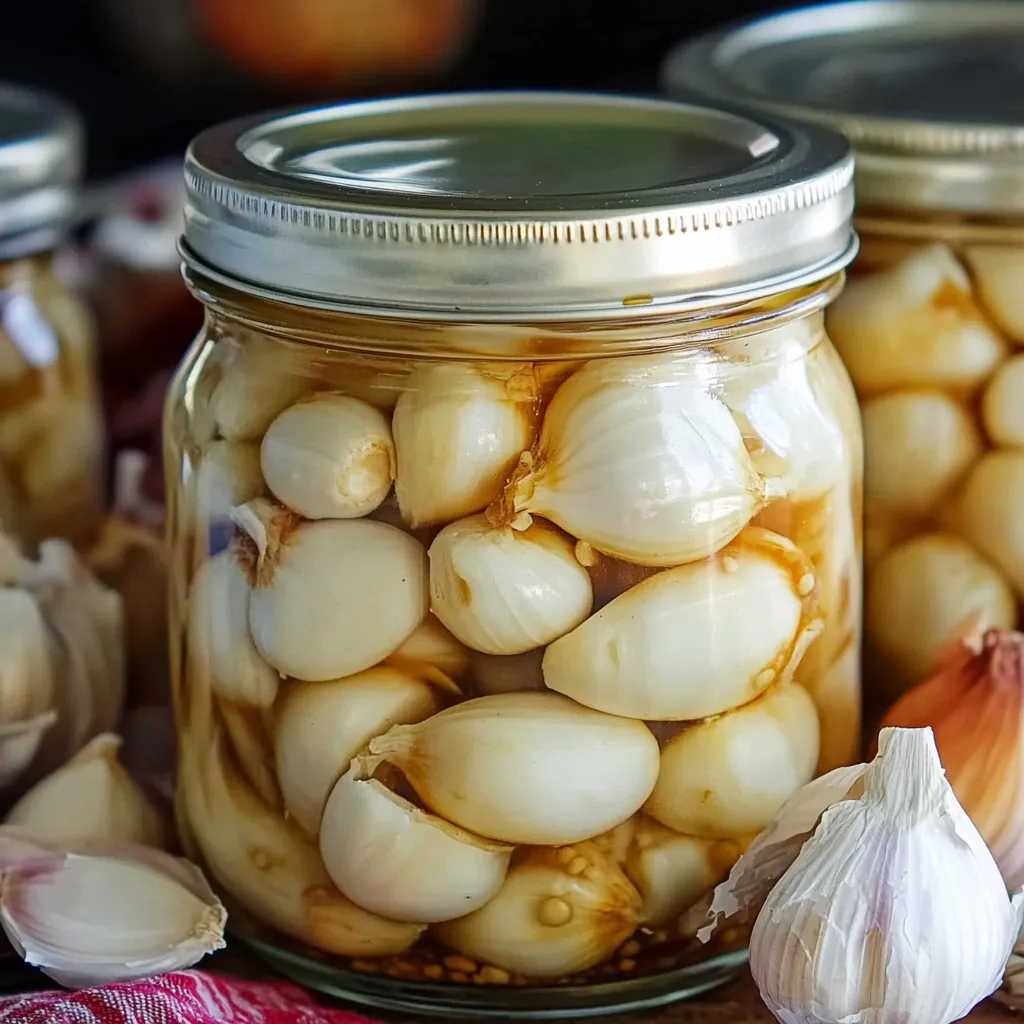 Frasco de vidrio con dientes de ajo escabechados en vinagre con especias, sobre una mesa rústica.