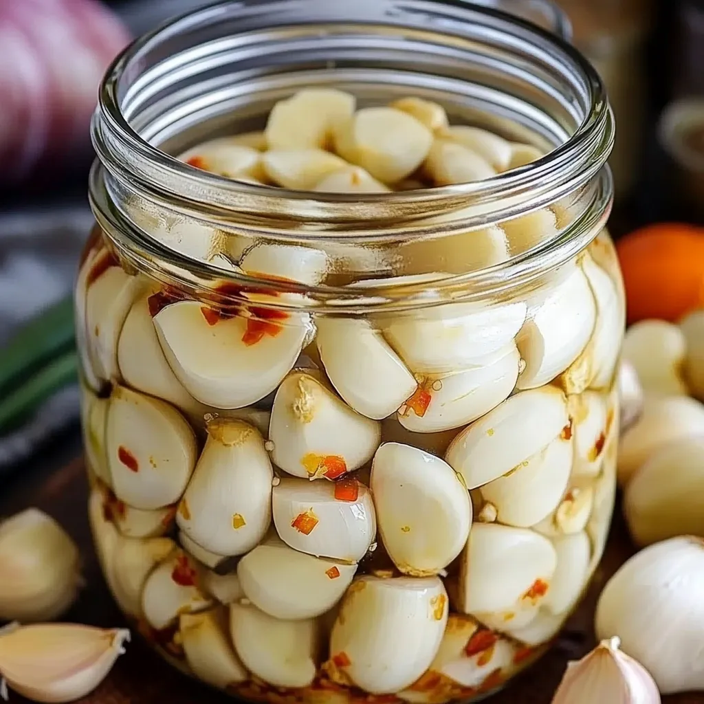 Frasco de vidrio con dientes de ajo escabechados en vinagre con especias, sobre una mesa rústica.