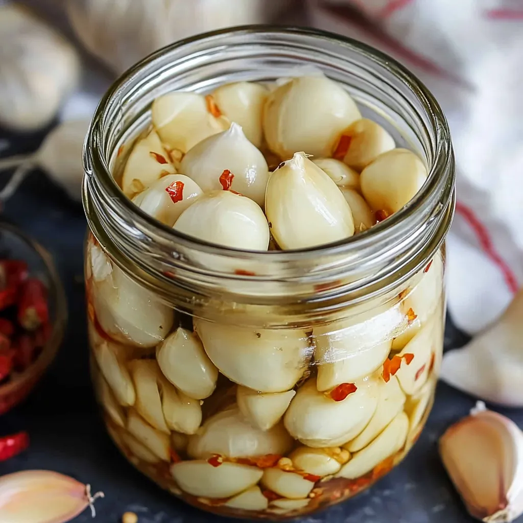 Frasco de vidrio con dientes de ajo escabechados en vinagre con especias, sobre una mesa rústica.