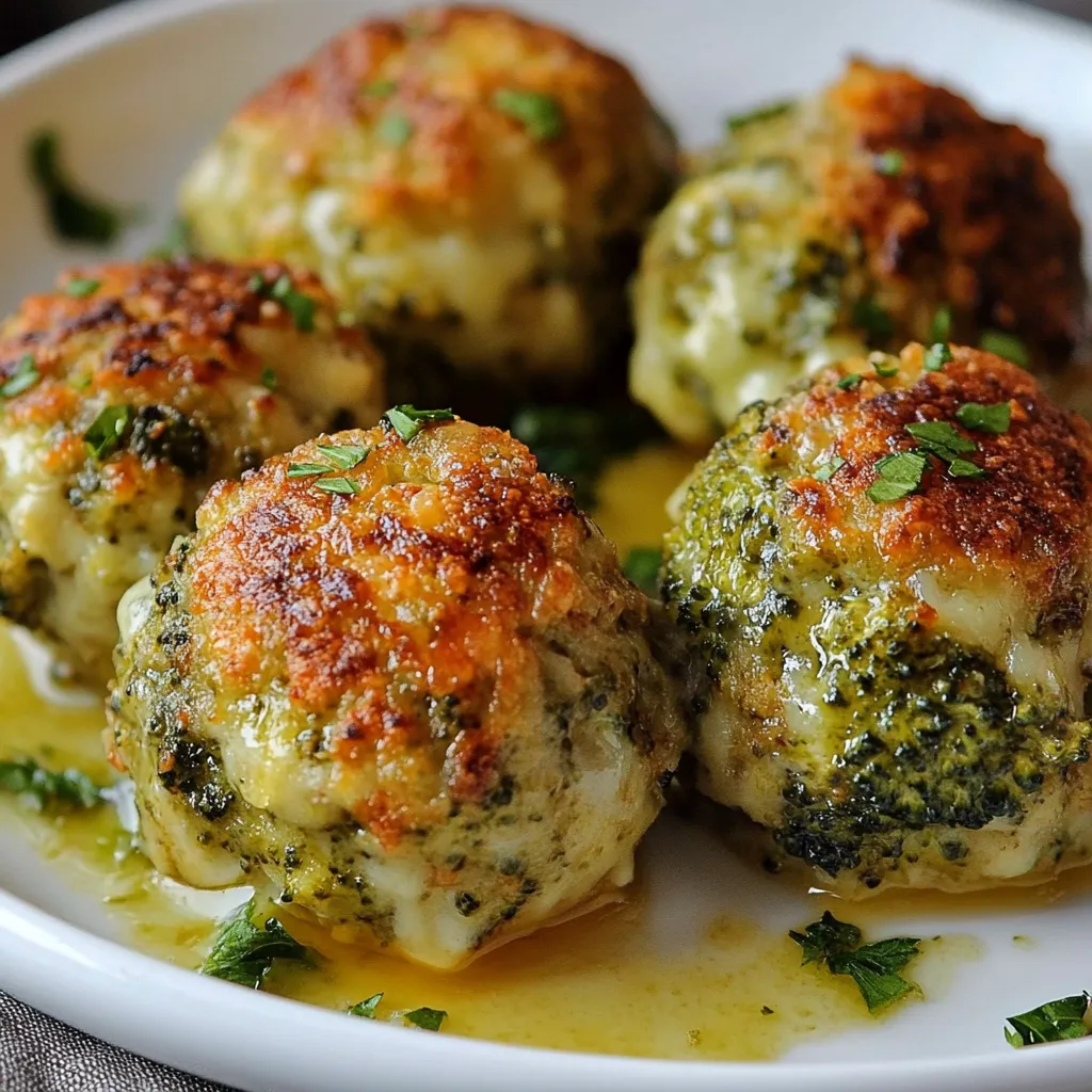 Albóndigas doradas de brócoli y queso servidas con salsa de yogur sobre plato blanco