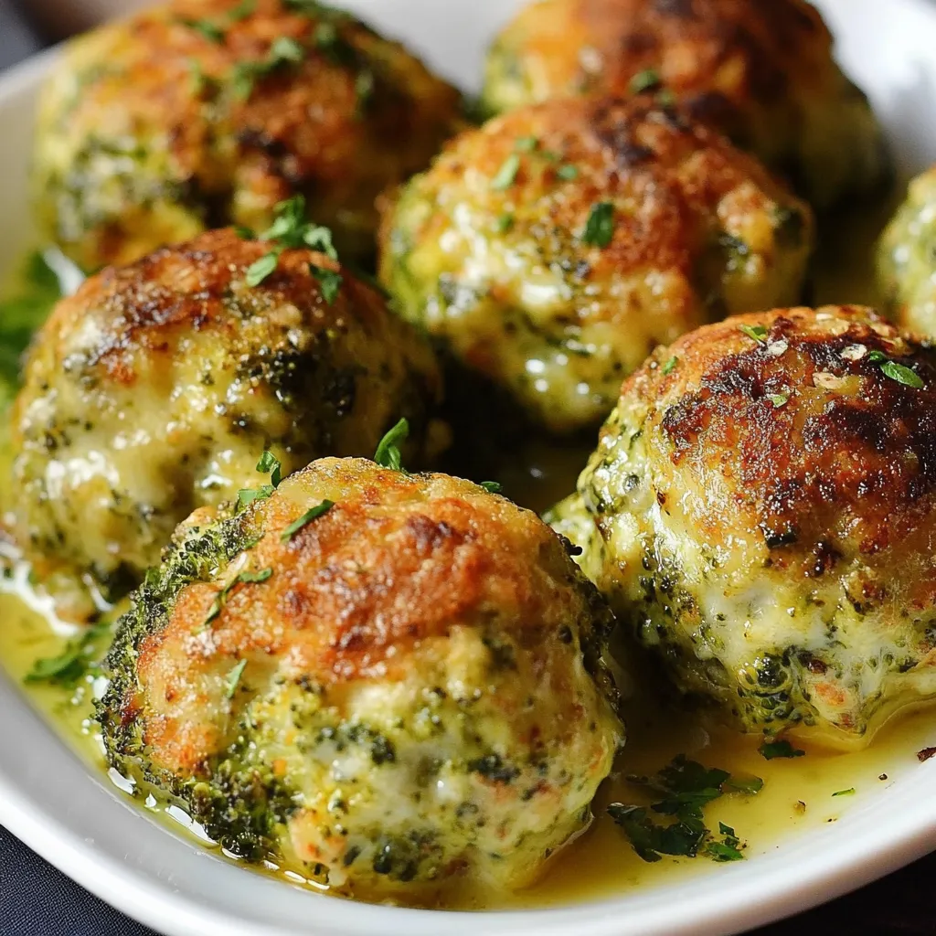 Albóndigas doradas de brócoli y queso servidas con salsa de yogur sobre plato blanco