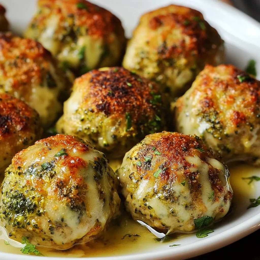 Albóndigas doradas de brócoli y queso servidas con salsa de yogur sobre plato blanco