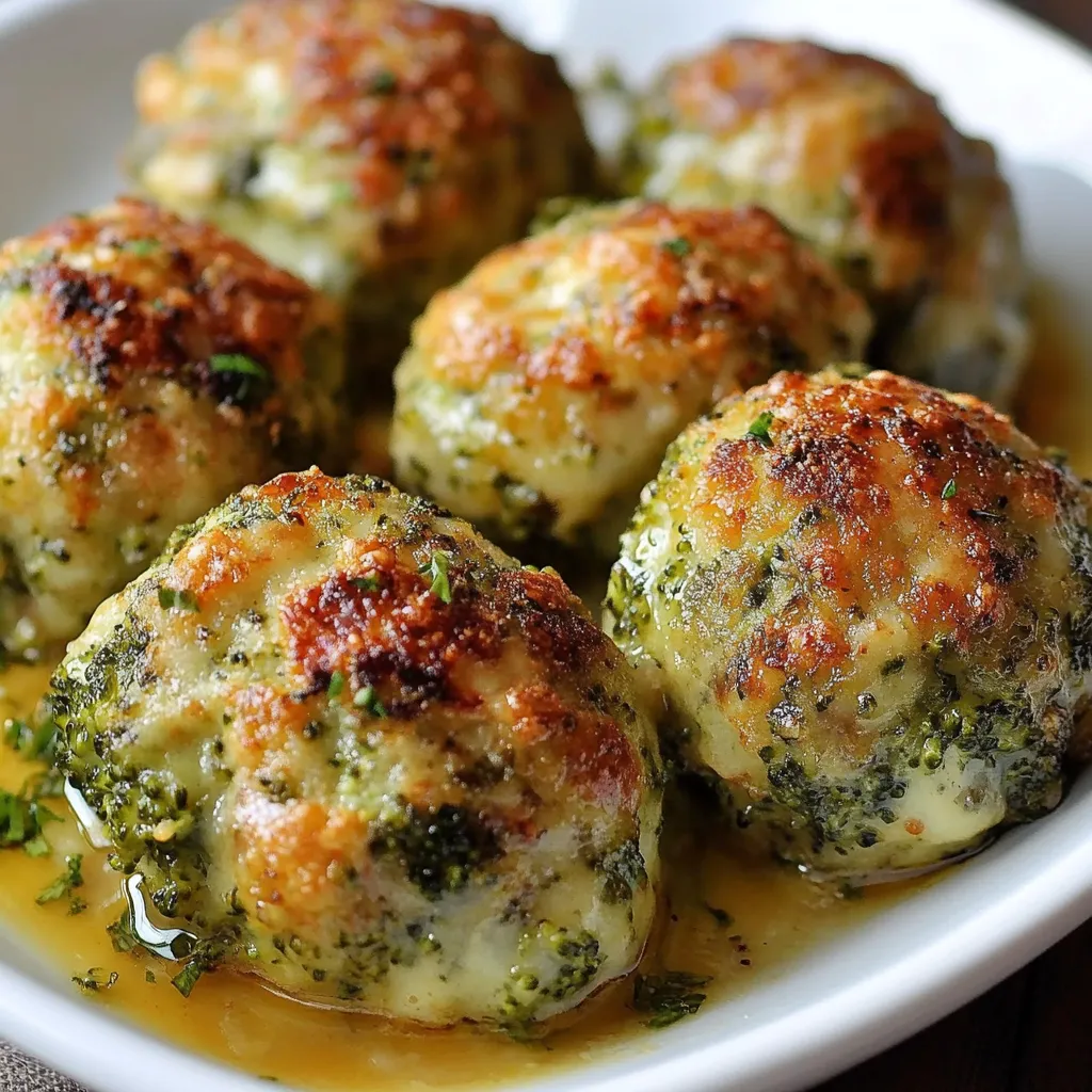 Albóndigas doradas de brócoli y queso servidas con salsa de yogur sobre plato blanco