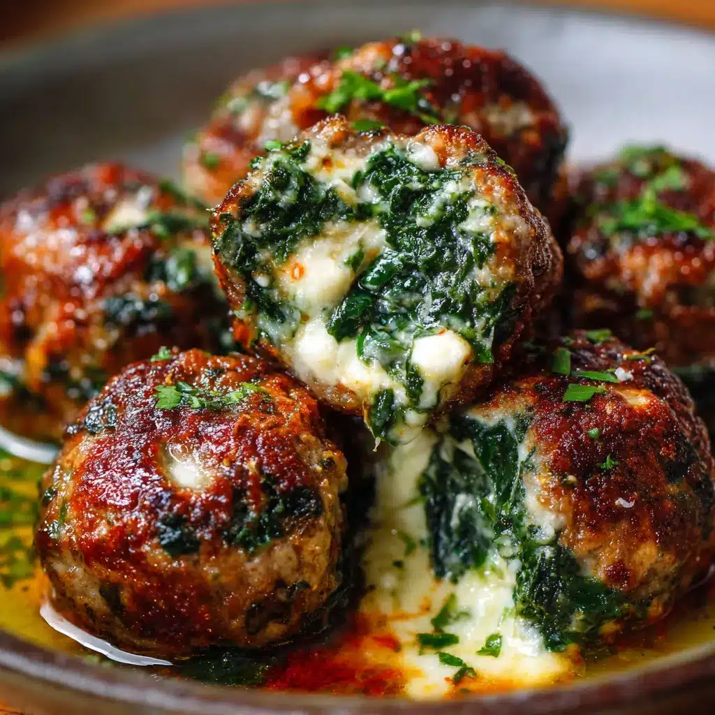 Albóndigas de ajo y espinacas rellenas de mozzarella recién horneadas en plato blanco