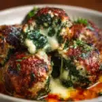 Albóndigas de ajo y espinacas rellenas de mozzarella recién horneadas en plato blanco