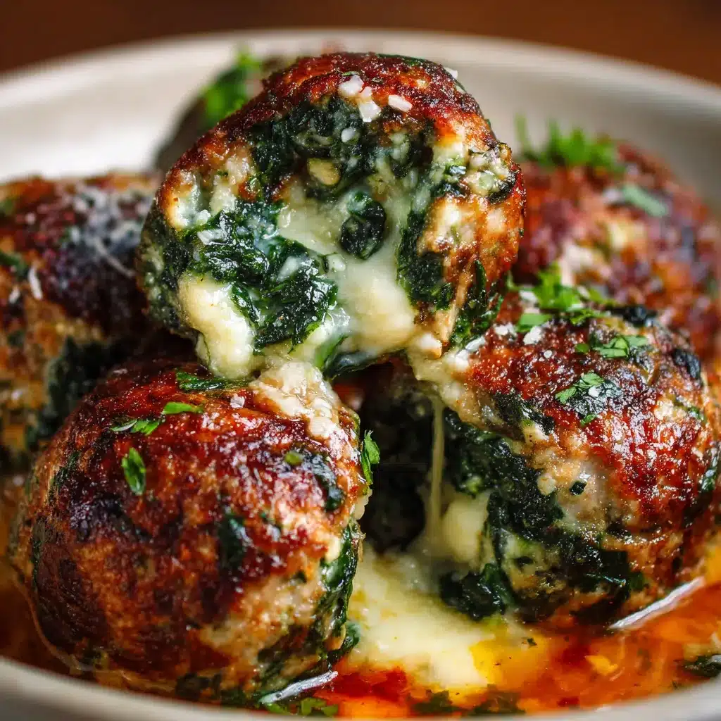 Albóndigas de ajo y espinacas rellenas de mozzarella recién horneadas en plato blanco