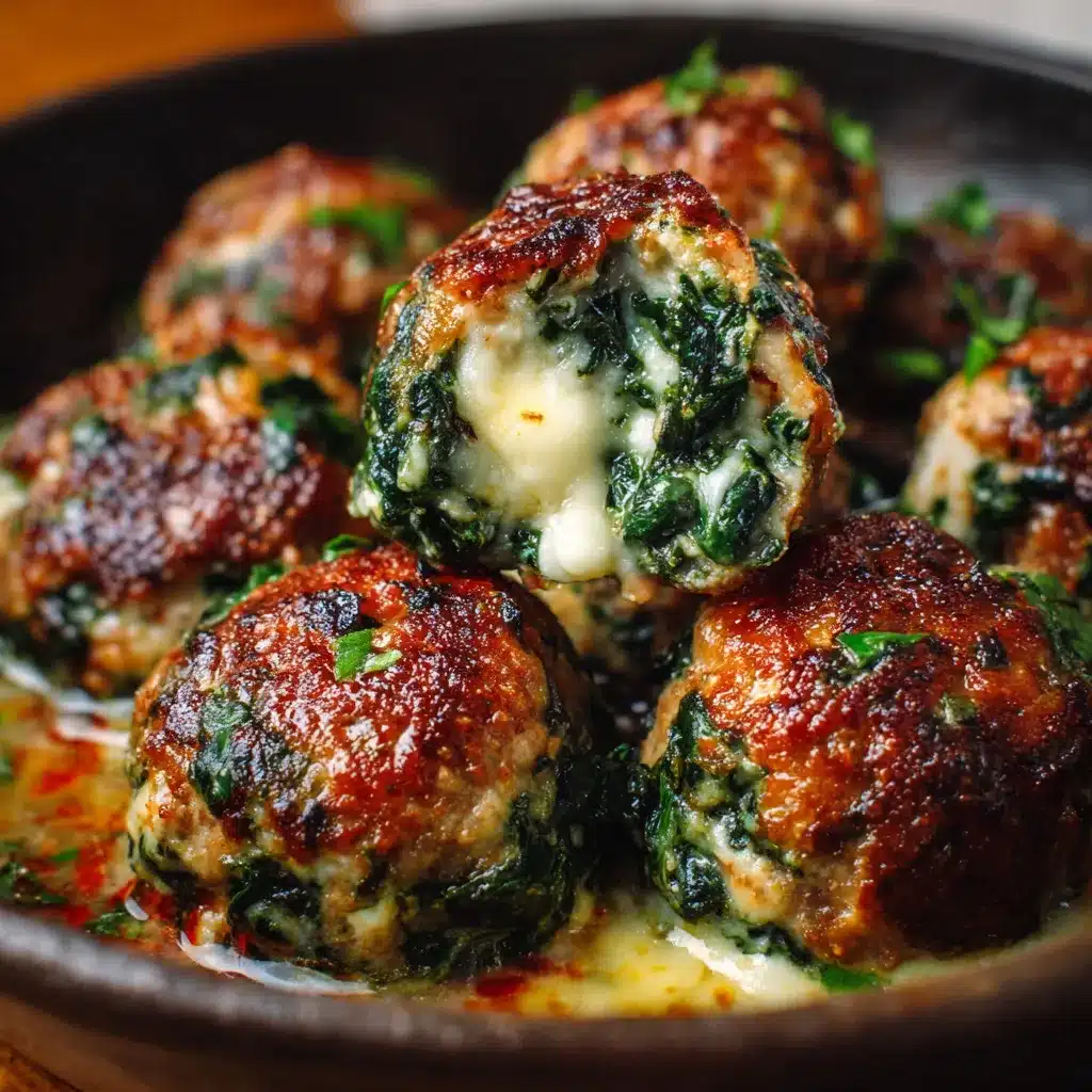 Albóndigas de ajo y espinacas rellenas de mozzarella recién horneadas en plato blanco