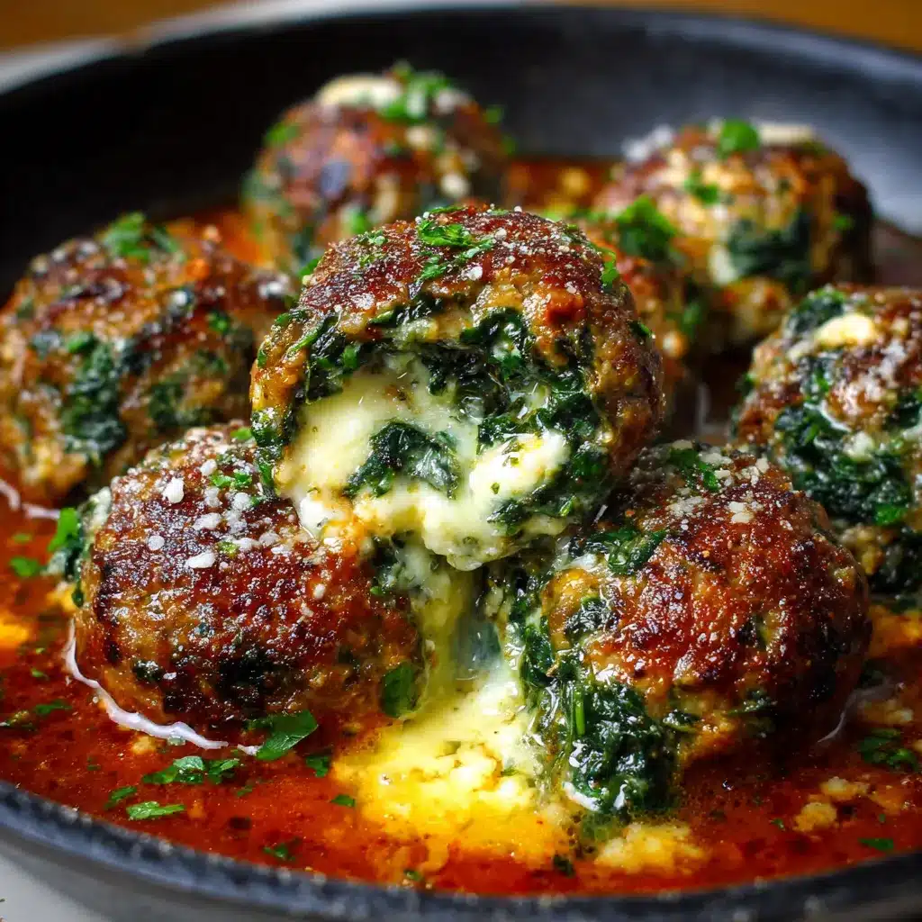 Albóndigas de ajo y espinacas rellenas de mozzarella recién horneadas en plato blanco