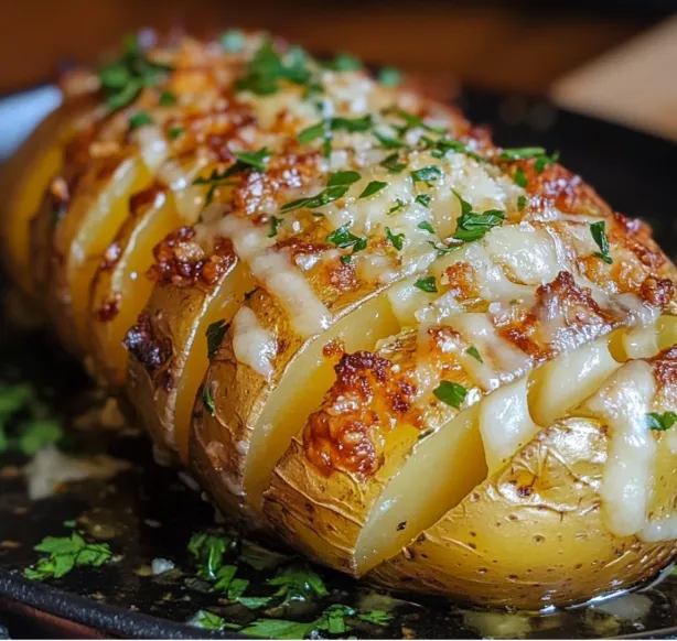 Papas aliñadas recién horneadas en bandeja, doradas y decoradas con perejil fresco