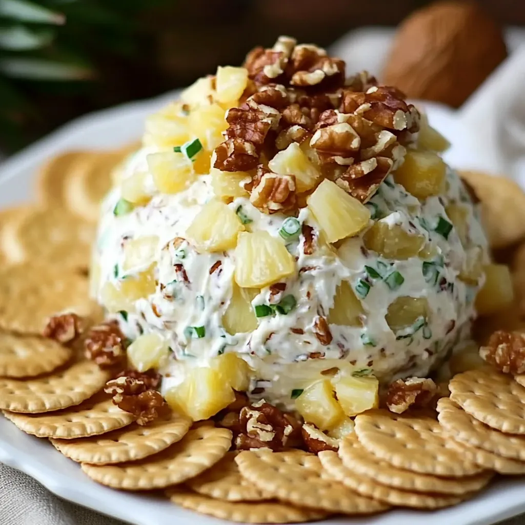 Bola de queso con piña y nueces servida con galletas saladas en una bandeja navideña.