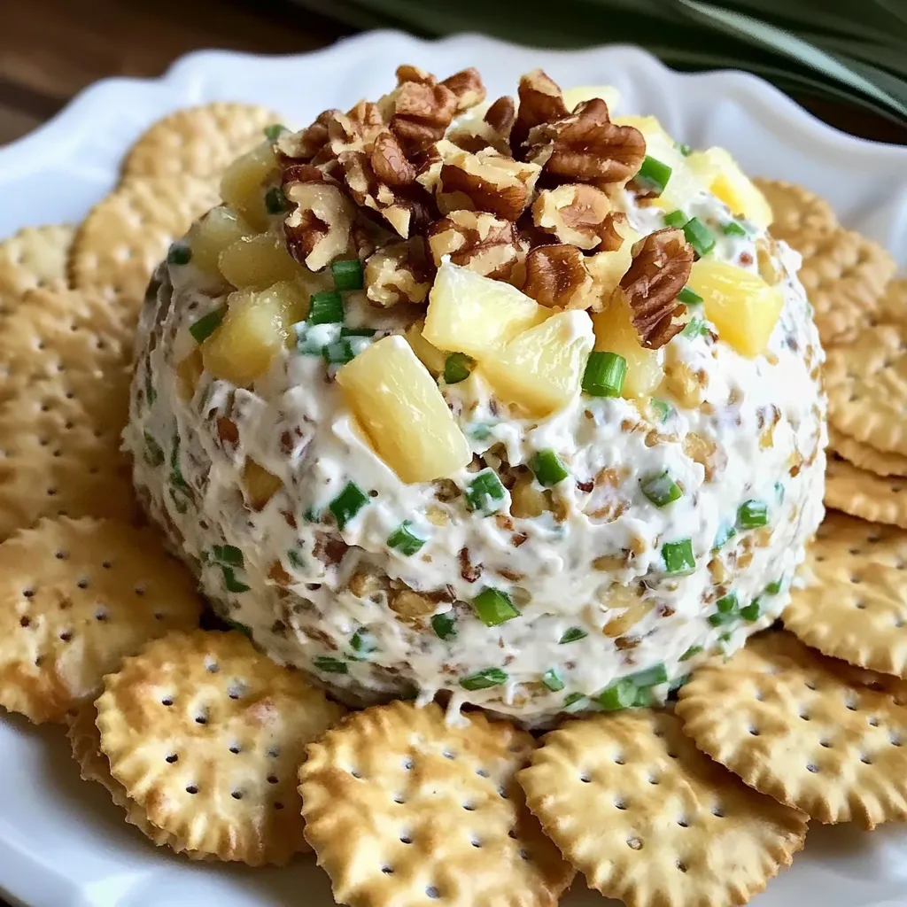 Bola de queso con piña y nueces servida con galletas saladas en una bandeja navideña.