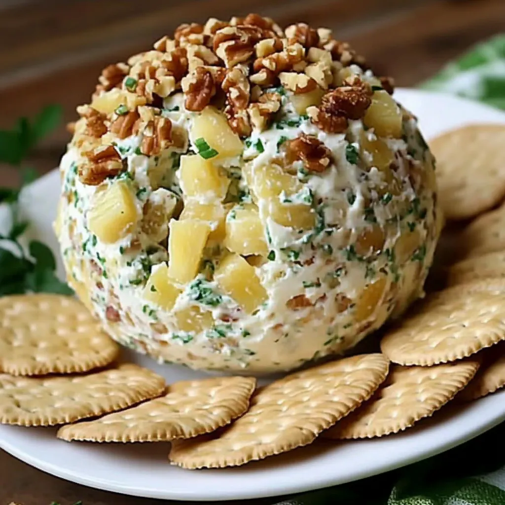 Bola de queso con piña y nueces servida con galletas saladas en una bandeja navideña.