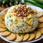 Bola de queso con piña y nueces servida con galletas saladas en una bandeja navideña.