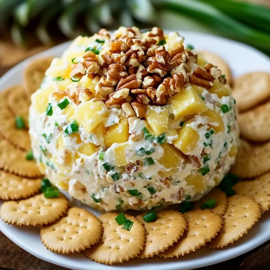 Bola de queso con piña y nueces servida con galletas saladas en una bandeja navideña.