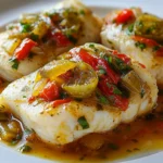 Lomos de bacalao al horno con pimientos y cebolla, servidos sobre patatas doradas.