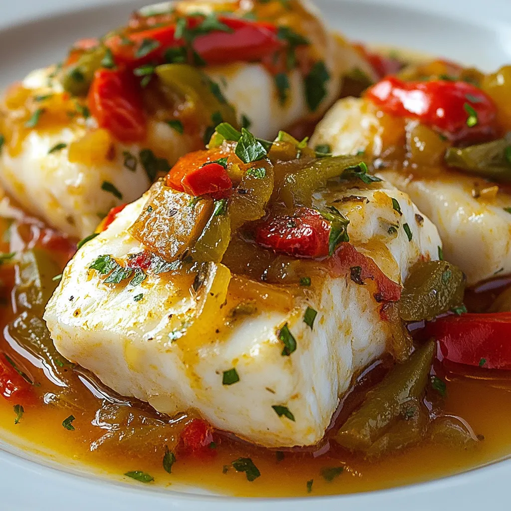 Lomos de bacalao al horno con pimientos y cebolla, servidos sobre patatas doradas.