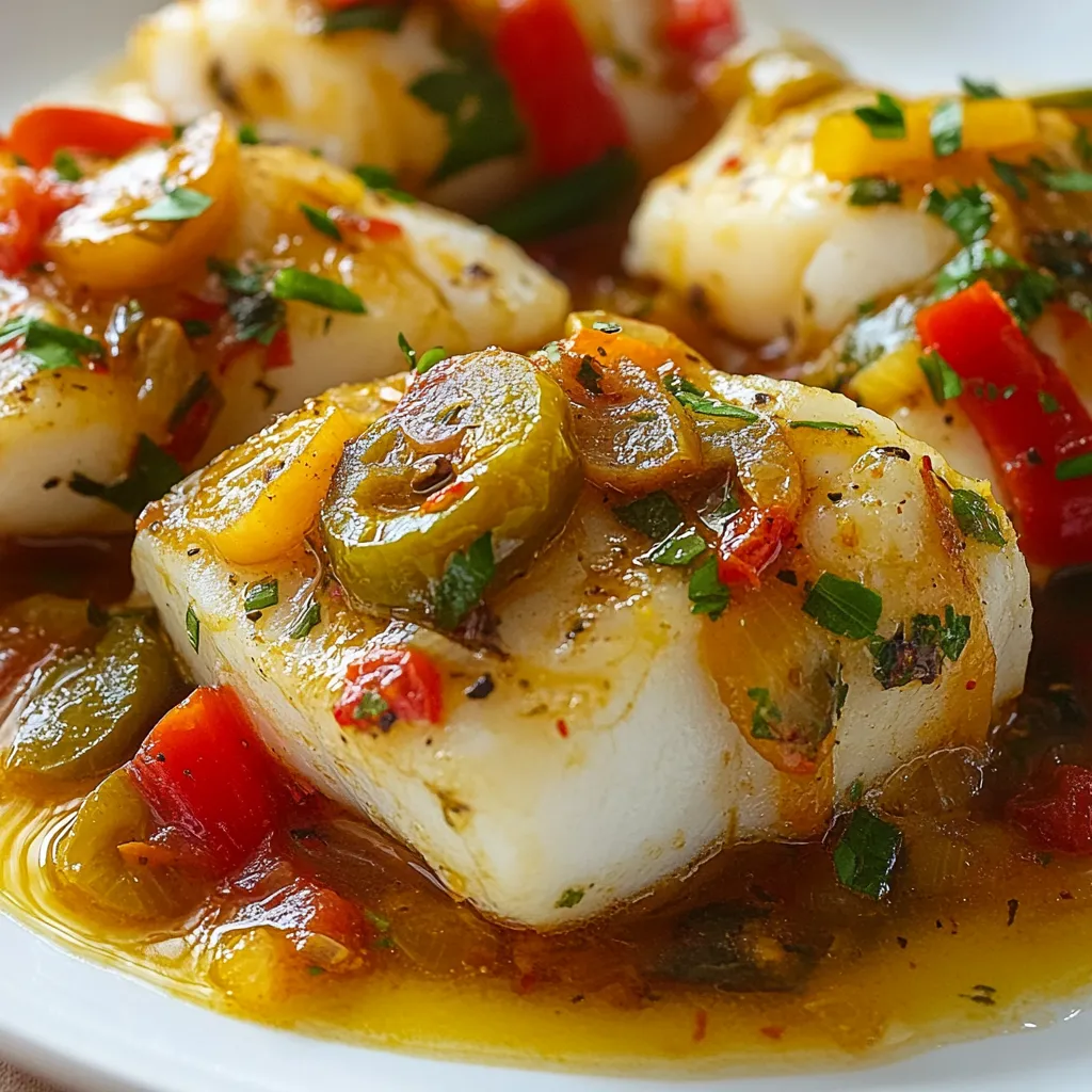 Lomos de bacalao al horno con pimientos y cebolla, servidos sobre patatas doradas.