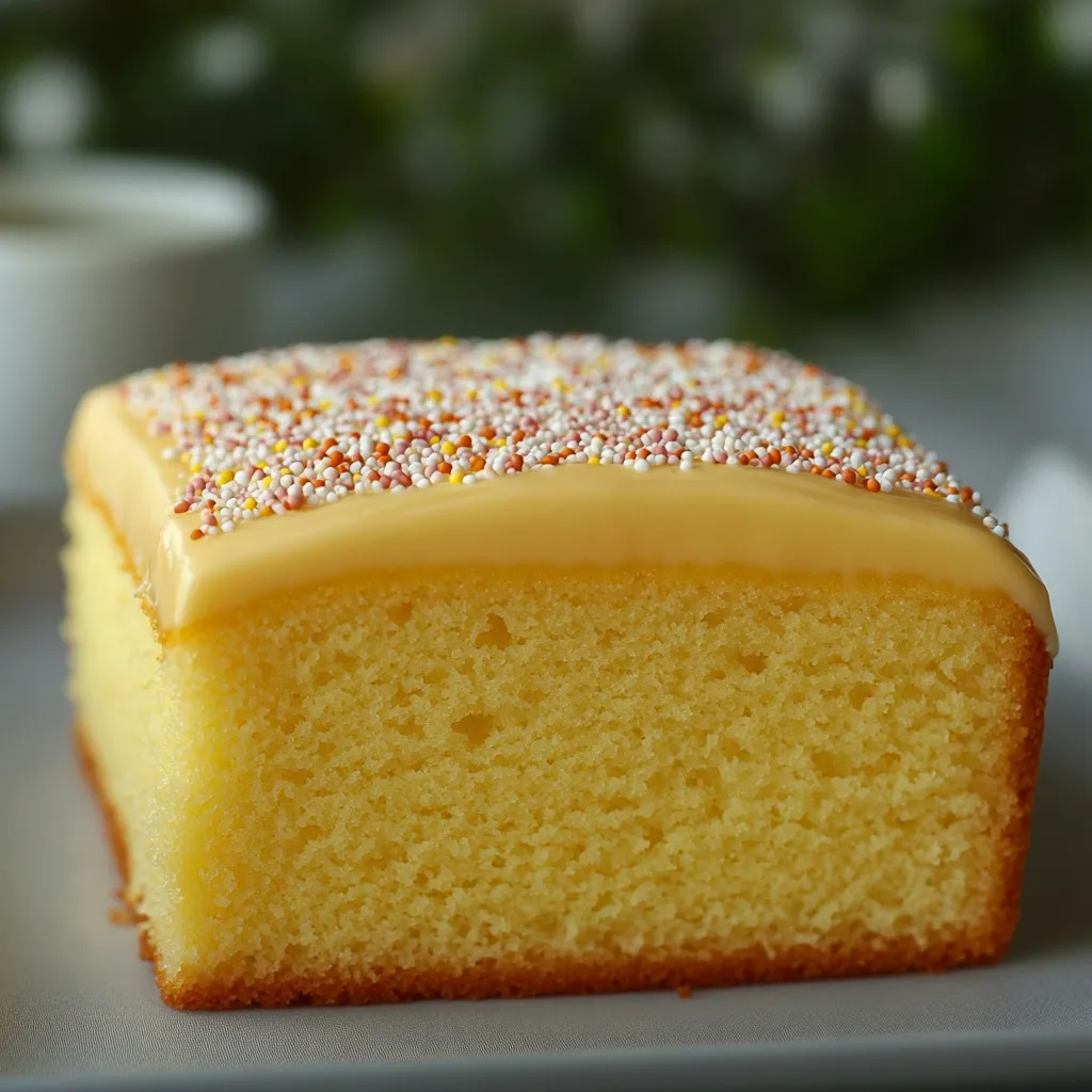 Rebanada de bizcocho de mantequilla esponjoso sobre plato blanco
