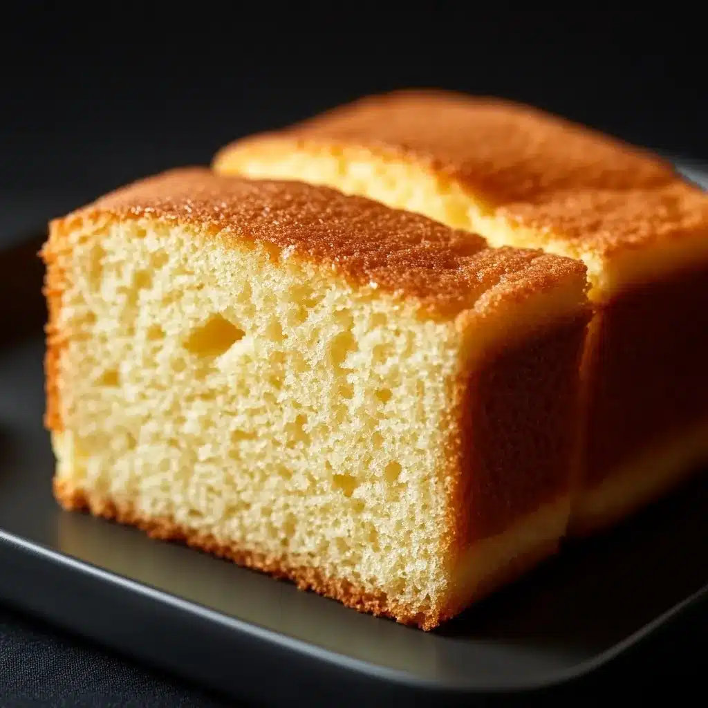 Bizcocho esponjoso casero recién horneado, con textura aireada, servido en una bandeja de madera