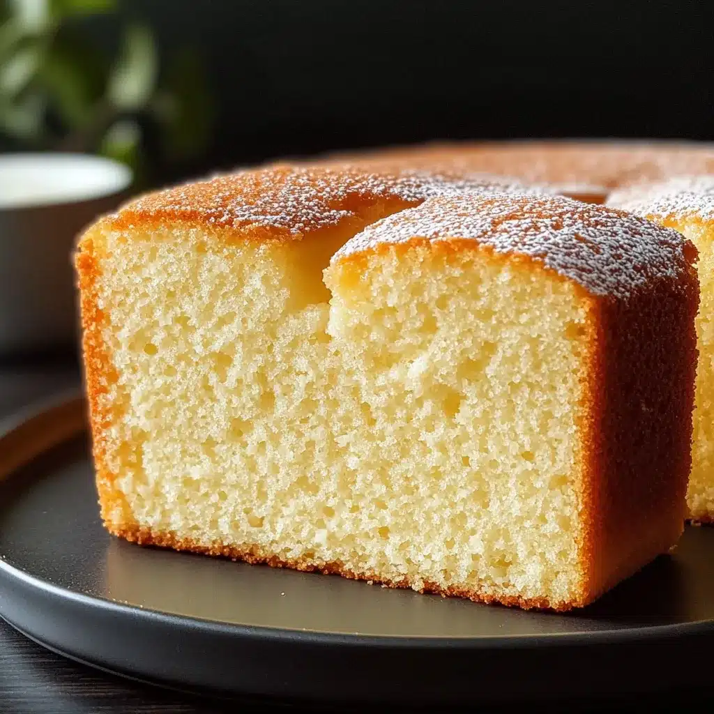 Bizcocho esponjoso casero recién horneado, con textura aireada, servido en una bandeja de madera