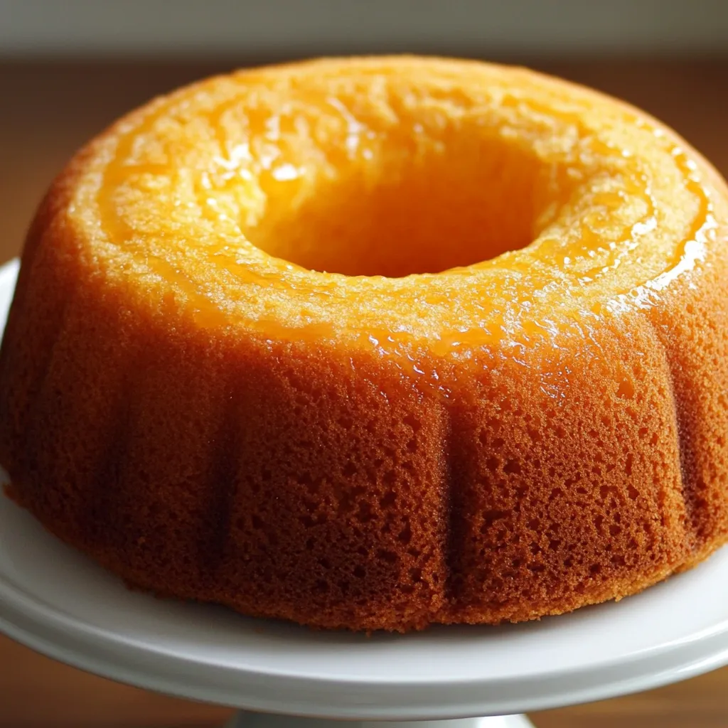 Bizcocho de naranja recién horneado en molde con textura esponjosa y jugo natural