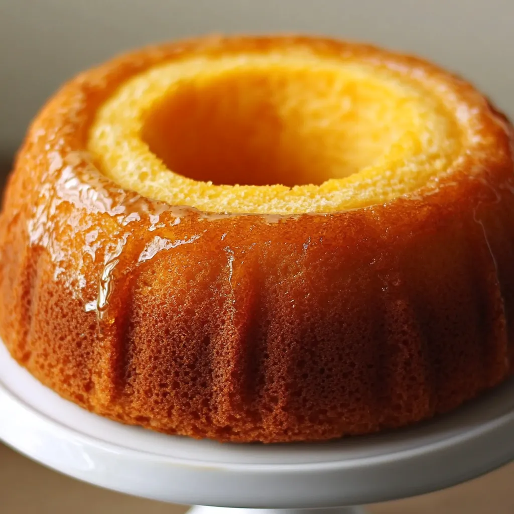 Bizcocho de naranja recién horneado en molde con textura esponjosa y jugo natural