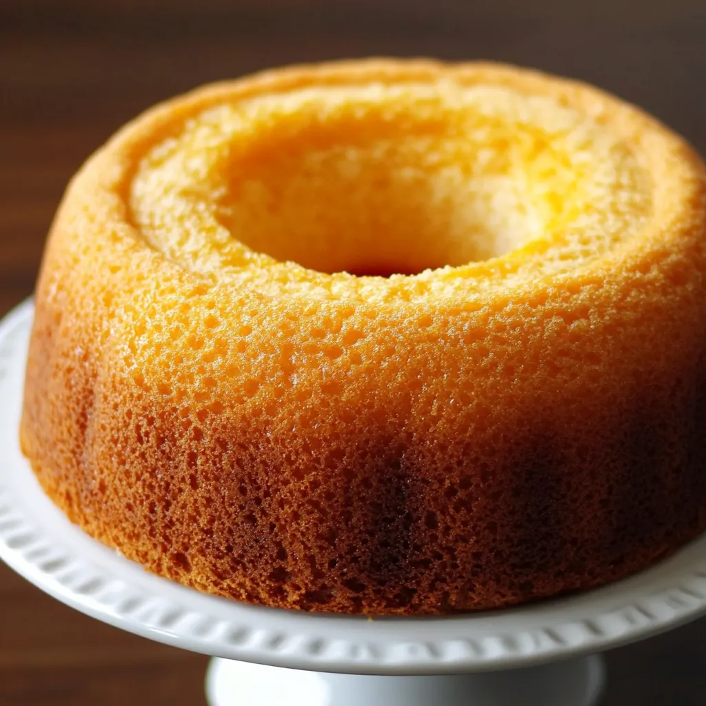 Bizcocho de naranja recién horneado en molde con textura esponjosa y jugo natural