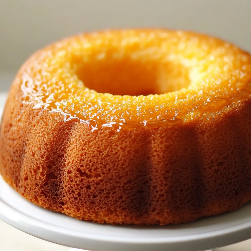 Bizcocho de naranja recién horneado en molde con textura esponjosa y jugo natural