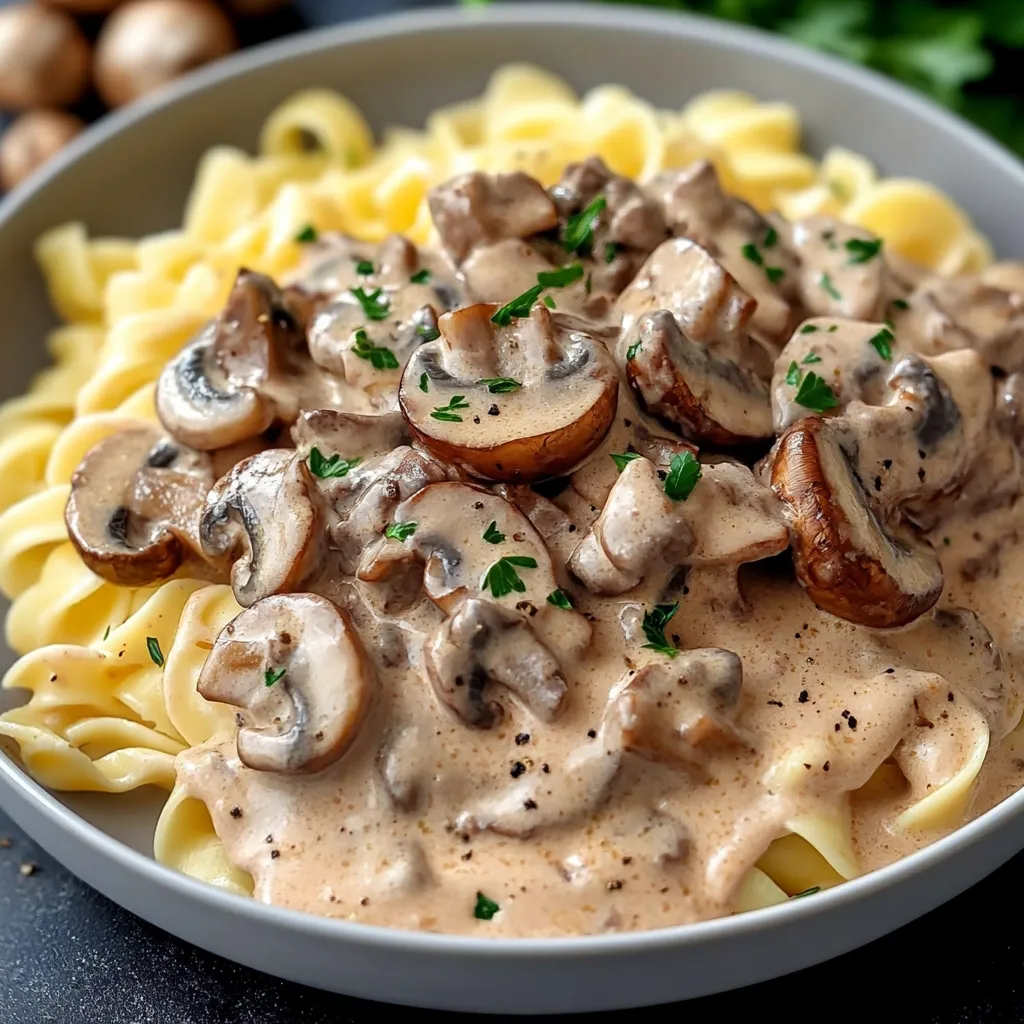 Assiette de Bœuf Stroganoff servi avec des pâtes et garni de persil frais